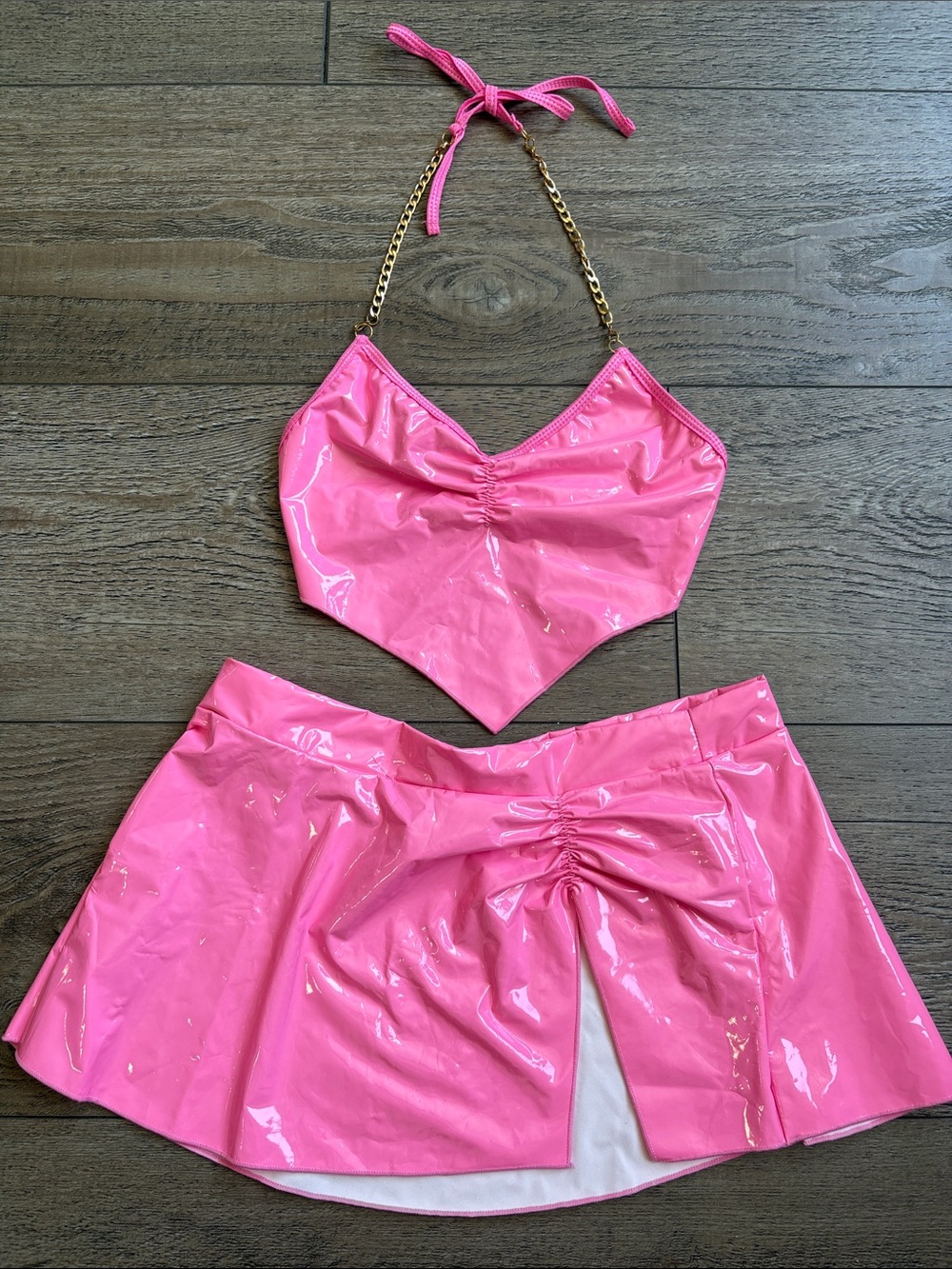 Hot Pink Vinyl Latex Look Two-Piece Halter Crop Top + Mini Skirt Matching Set